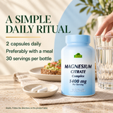 Magnesium Citrate Complex daily routine: adults take two capsules daily, preferably with a meal; 30 servings per bottle.