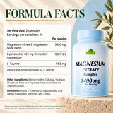 Magnesium Citrate Complex facts with 420 mg elemental magnesium, 150 mg L-Taurine per two capsules, other ingredients and directions.