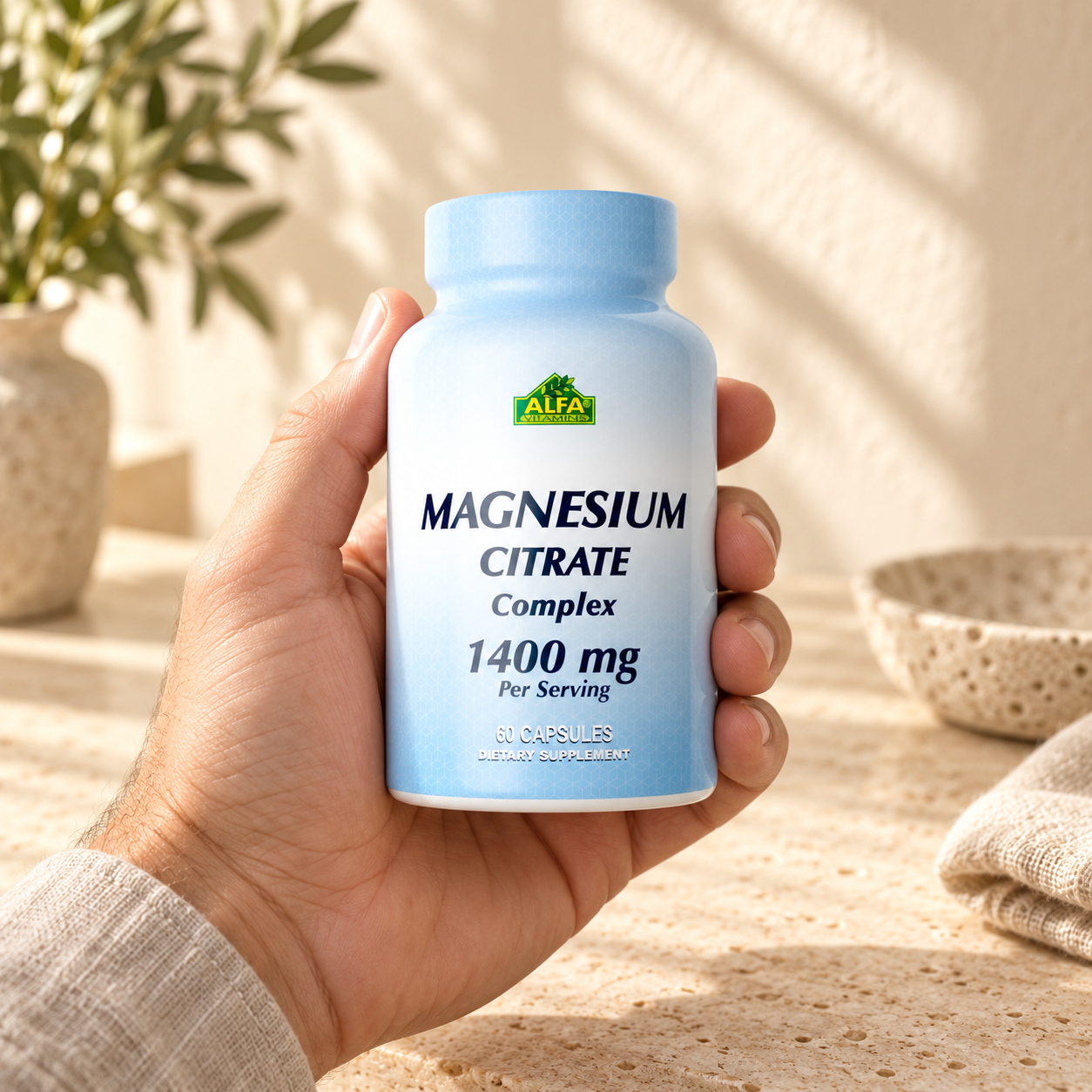 Magnesium Citrate Complex 60 capsules closed package held in an adult hand
