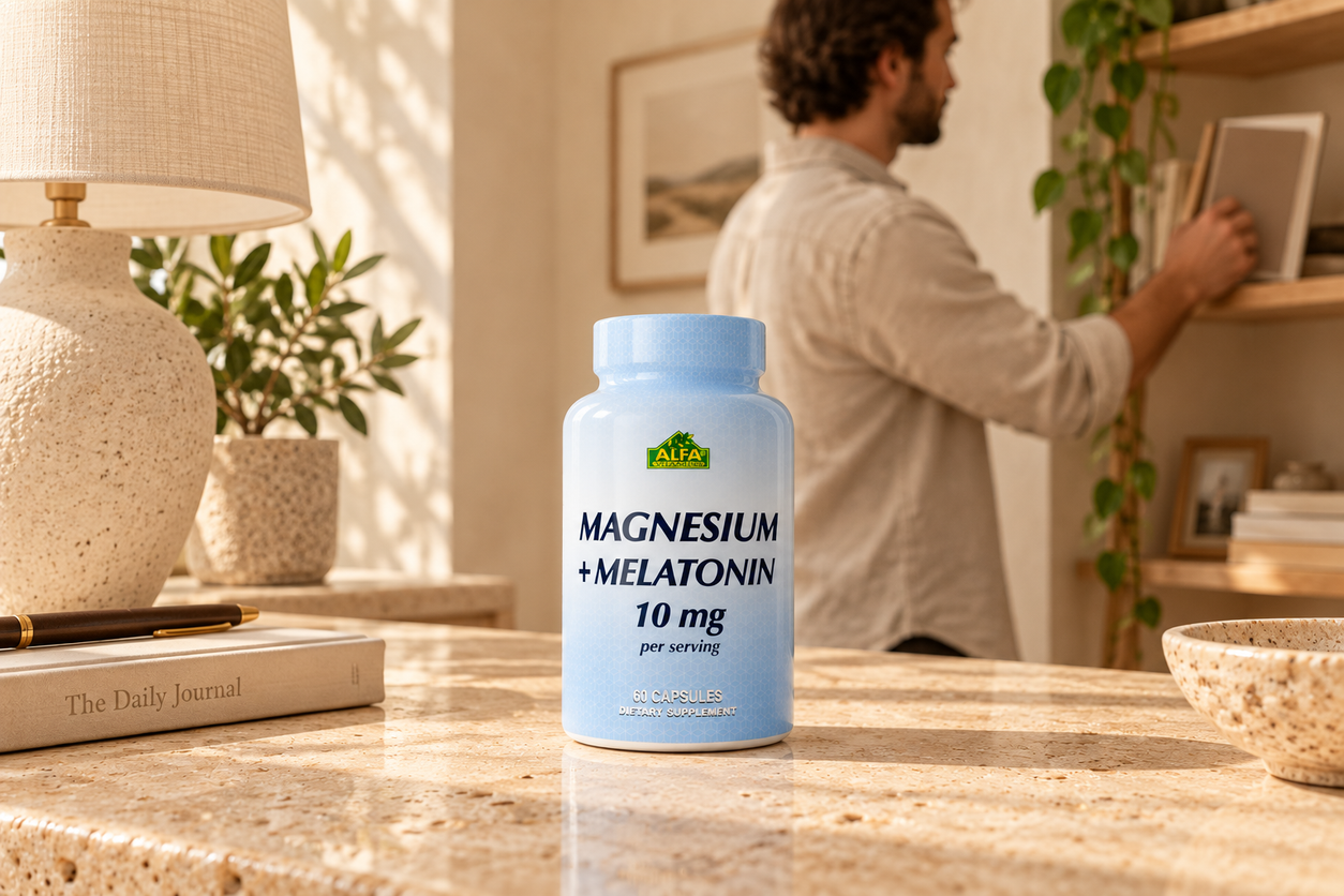 Magnesium Plus Melatonin 10 mg per Serving - 60 Capsules package in a naturally lit lifestyle scene