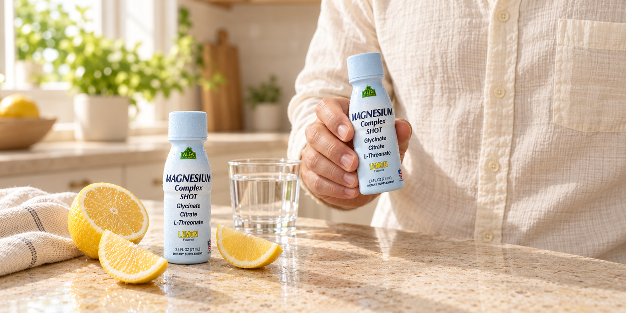 Alfa Magnesium Complex Shot with lemon — hand holding a shot beside a kitchen counter.