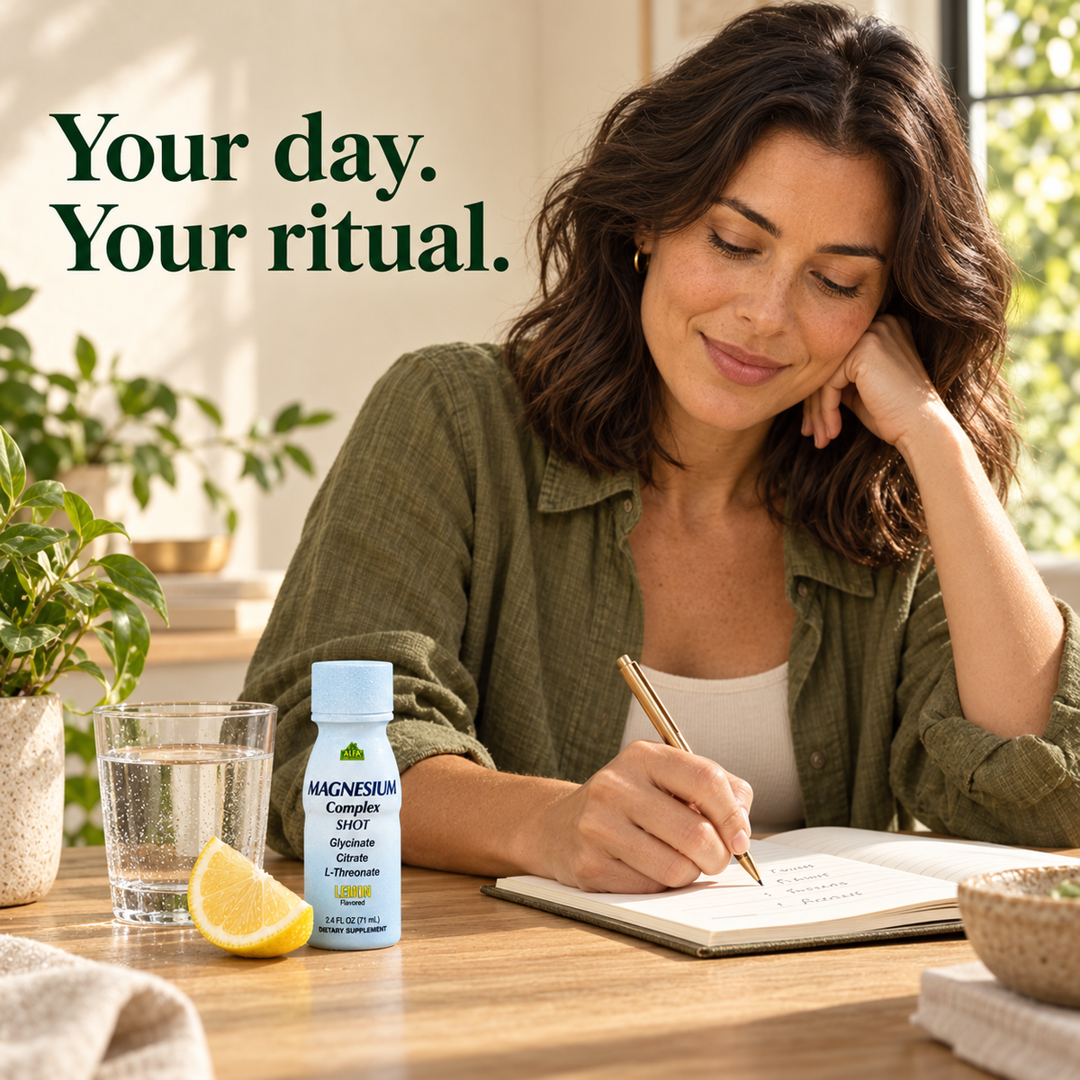 An adult woman planning her day at a sunlit desk, with a closed Alfa Magnesium Complex Shot Lemon bottle and a glass of water.