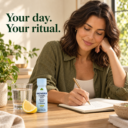 An adult woman planning her day at a sunlit desk, with a closed Alfa Magnesium Complex Shot Lemon bottle and a glass of water.