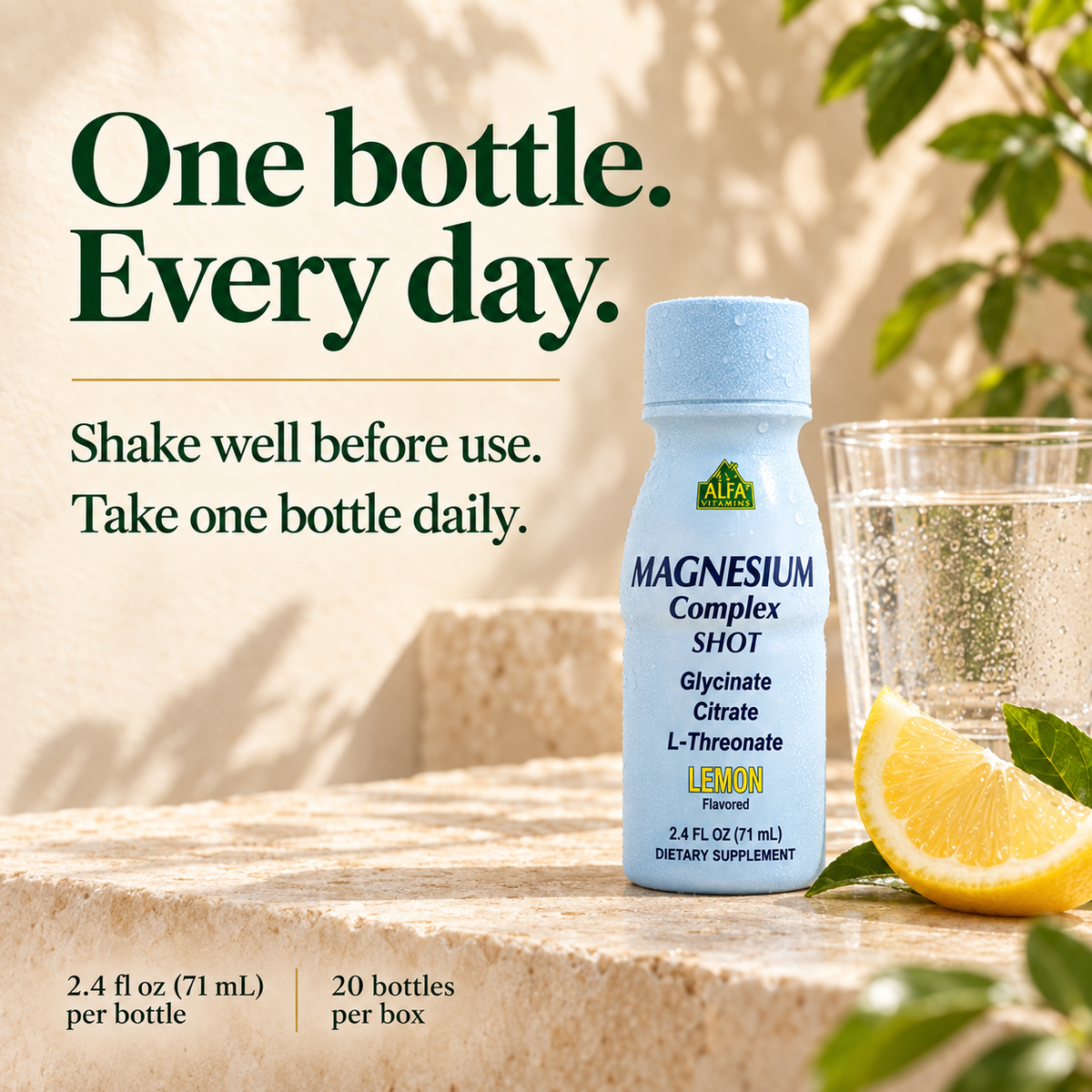 Alfa Magnesium Complex Shot with directions to shake well and take one 2.4 fl oz bottle daily; twenty bottles per box.