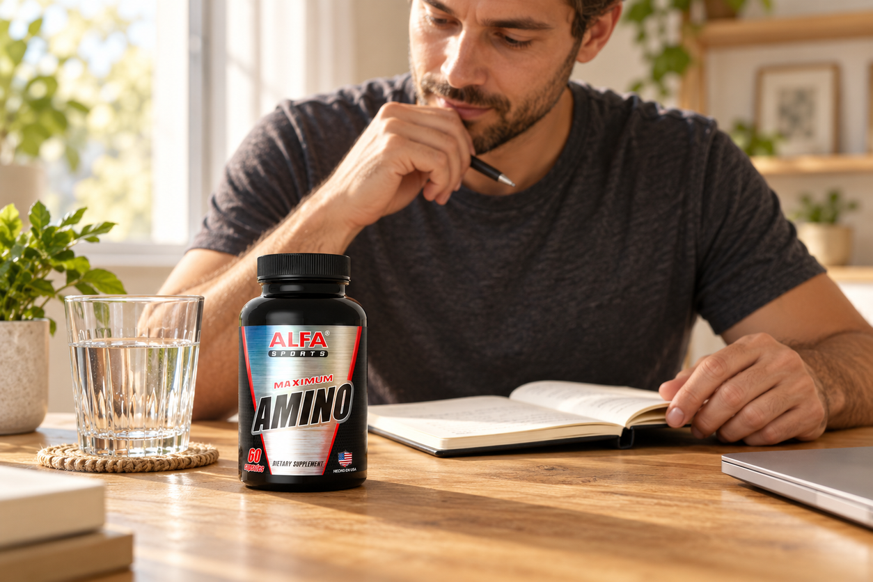 Maximum Amino in a 60-capsule bottle — natural lifestyle photograph
