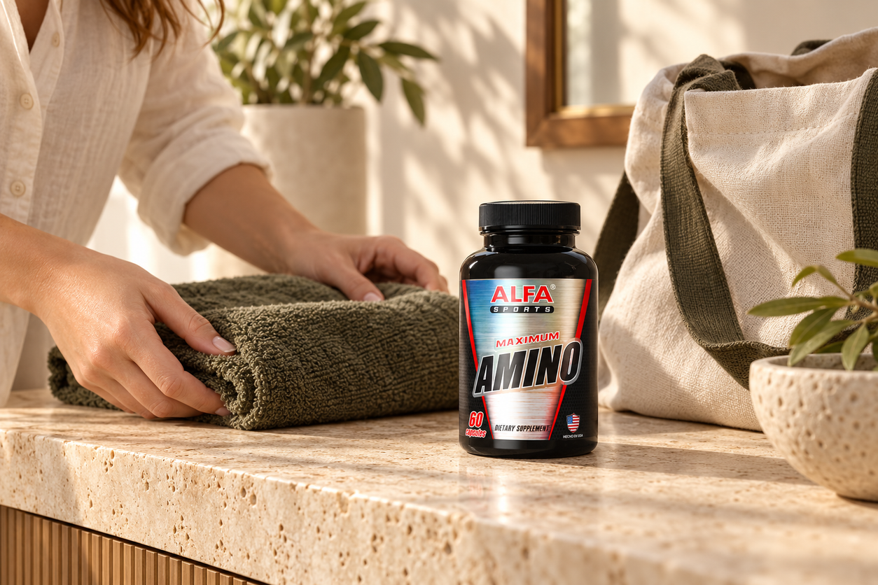 Maximum Amino in a 60-capsule bottle — natural lifestyle photograph