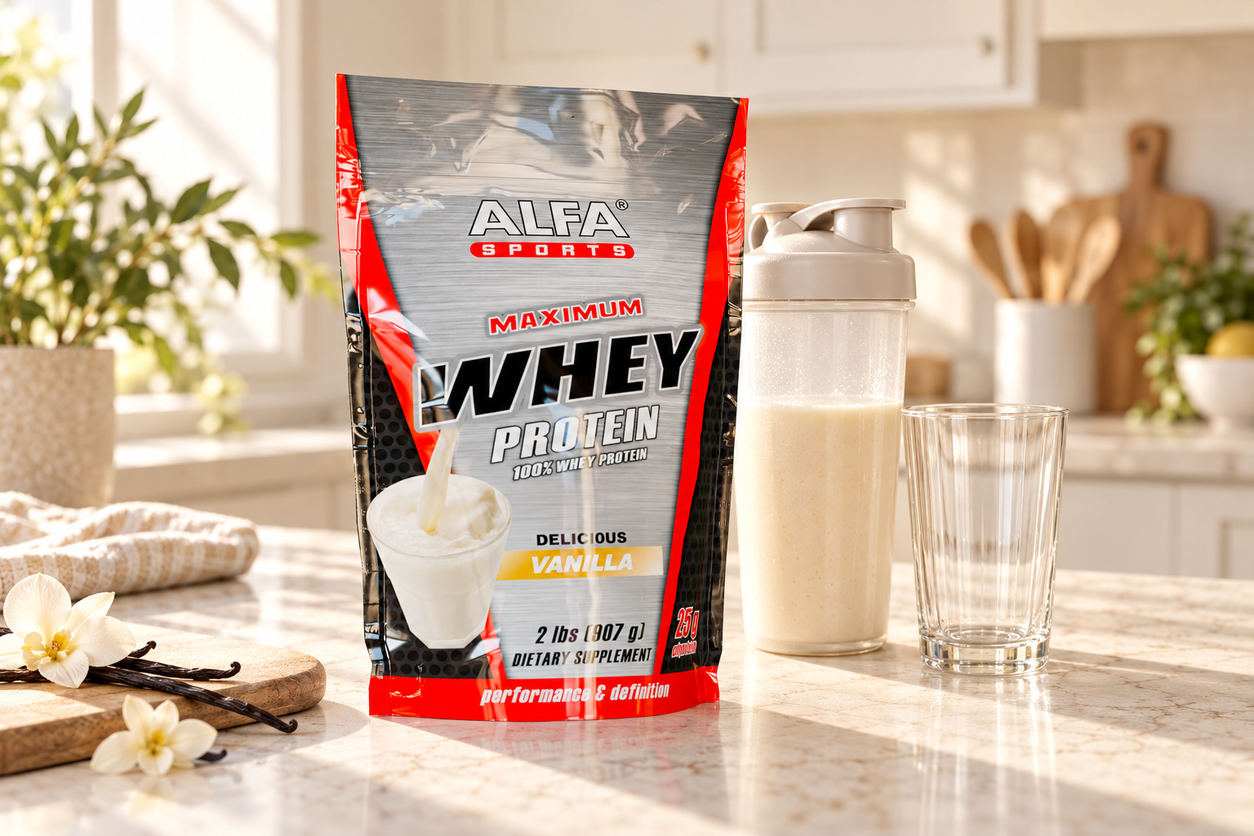 Maximum Whey Protein Powder - 2 Pounds Bag (Vanilla) in a warm naturally lit setting