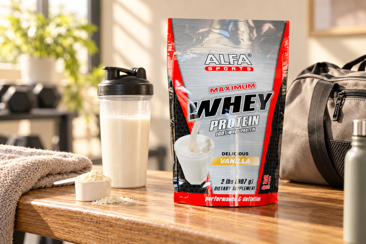 Maximum Whey Protein Powder - 2 Pounds Bag (Vanilla) in a warm naturally lit setting