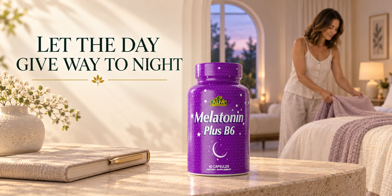 An adult woman prepares a cream bedroom for evening with Melatonin Plus B6 on a nearby console