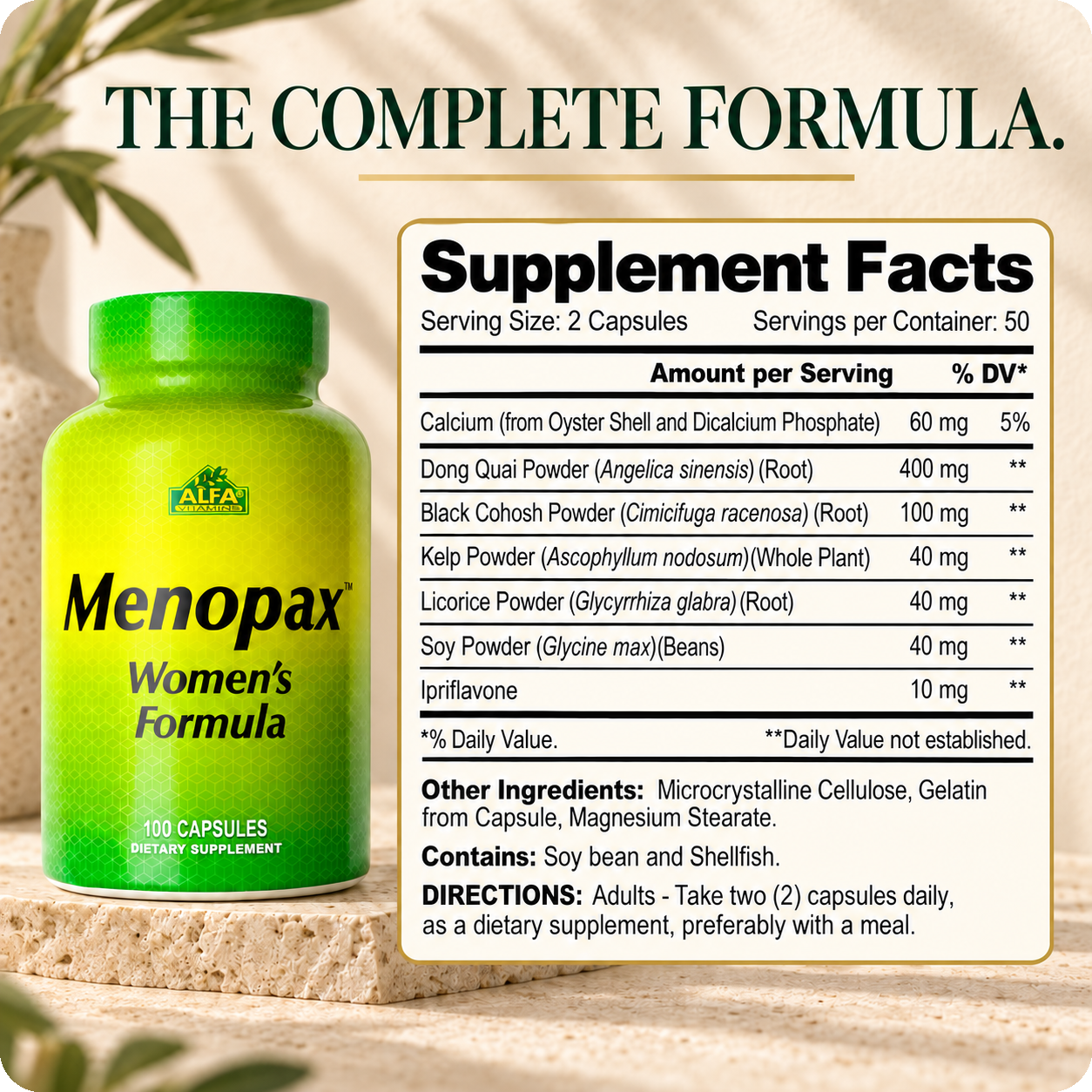 Menopax Supplement Facts, other ingredients, allergens and directions