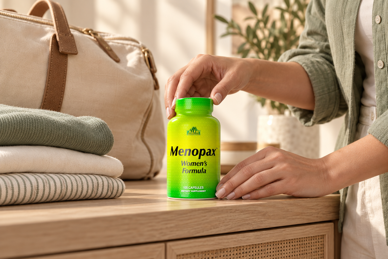 An adult hand with Menopax Women's Formula - 100 capsules beside everyday belongings.