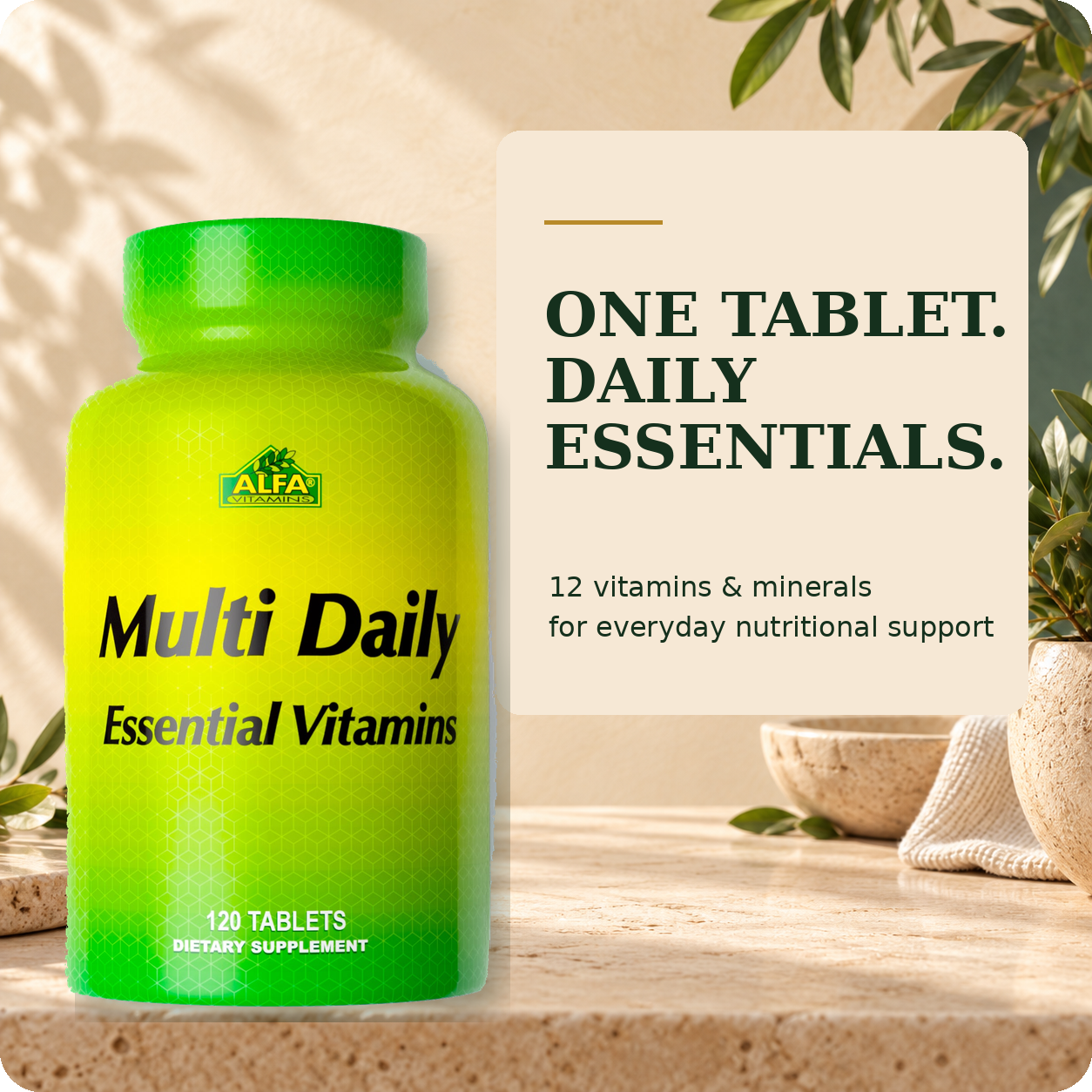 Alfa Vitamins Multi Daily 120 tablets with verified everyday nutrition information.