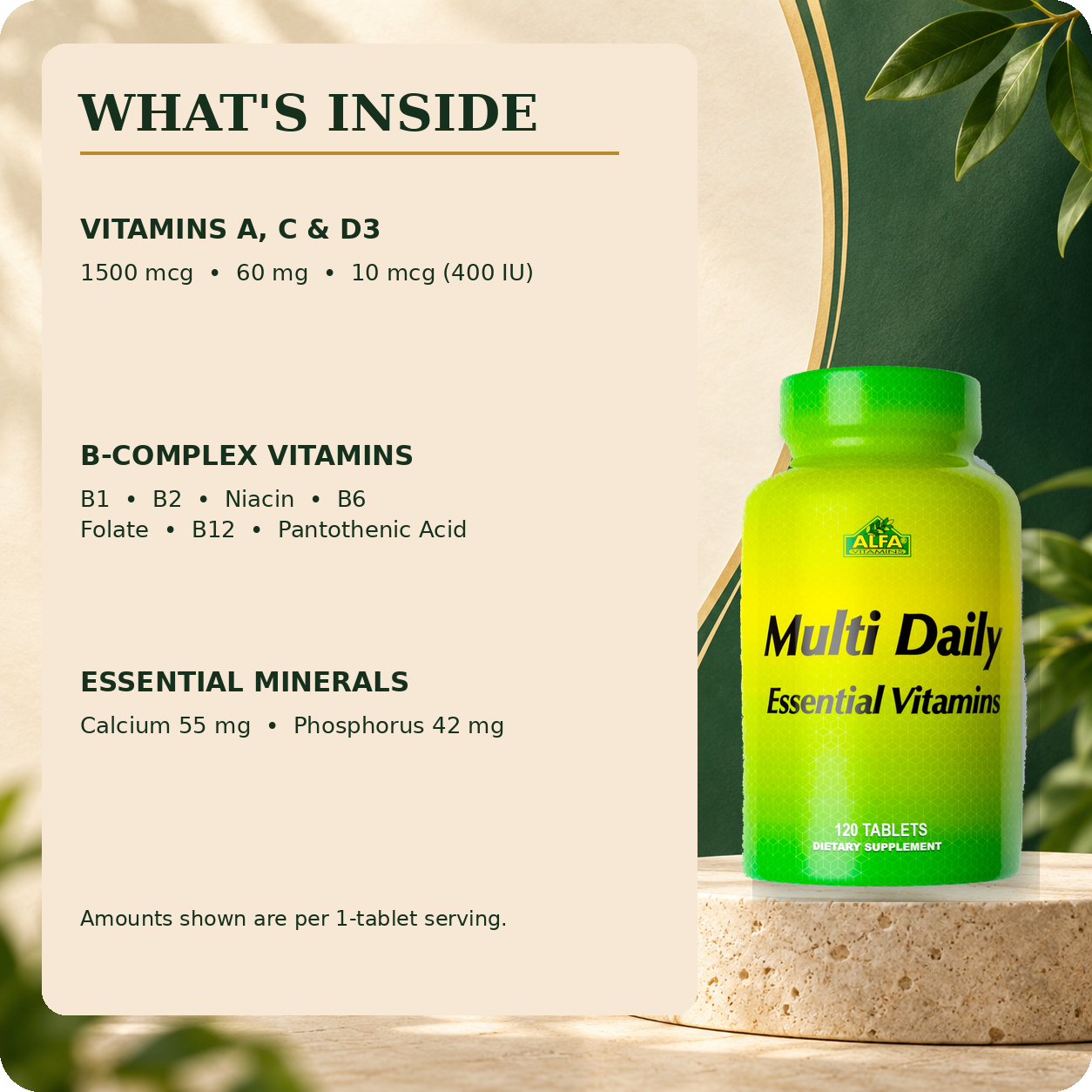 Multi Daily formula overview with verified vitamins and minerals.