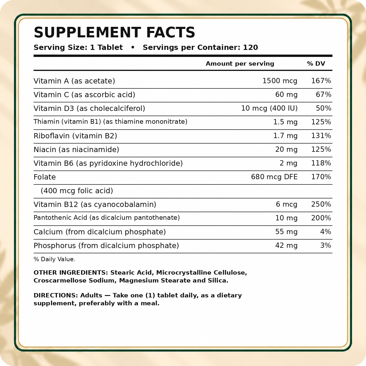 Multi Daily Supplement Facts for one tablet serving and 120 servings.