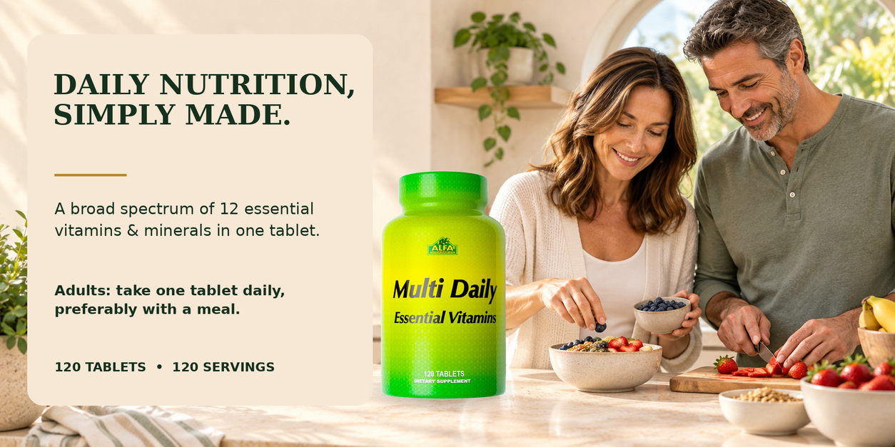 Multi Daily 120 tablets at a relaxed breakfast table