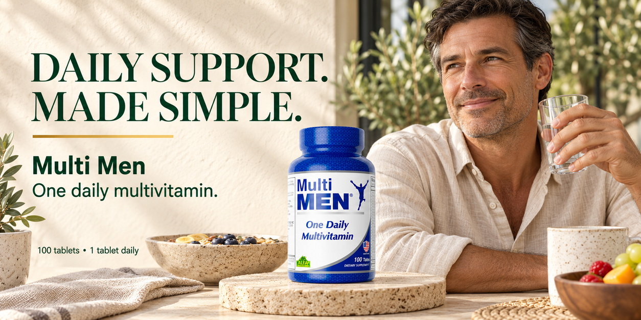 Alfa Multi Men 100-tablet bottle beside a man enjoying breakfast in warm natural light