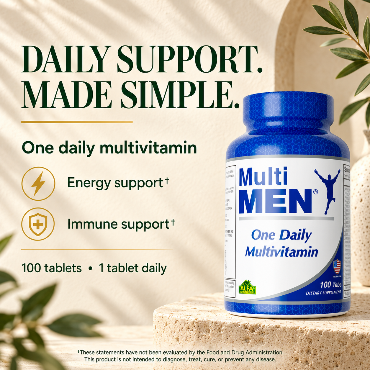 Alfa Multi Men 100-tablet bottle with energy and immune support information.