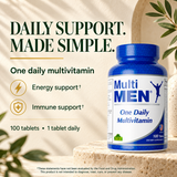 Alfa Multi Men 100-tablet bottle with energy and immune support information.