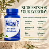 Alfa Multi Men with selected nutrient amounts per one-tablet serving, including folate 400 mcg DFE.