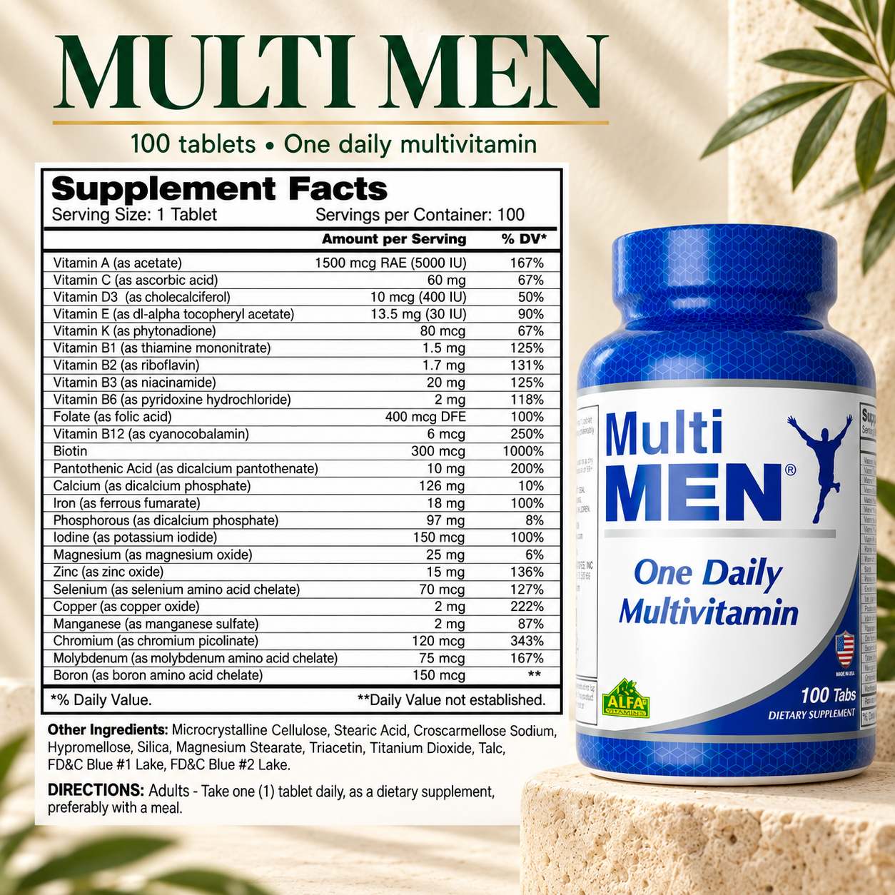 Complete Multi Men Supplement Facts with all 25 nutrient amounts, Daily Values, other ingredients and directions.