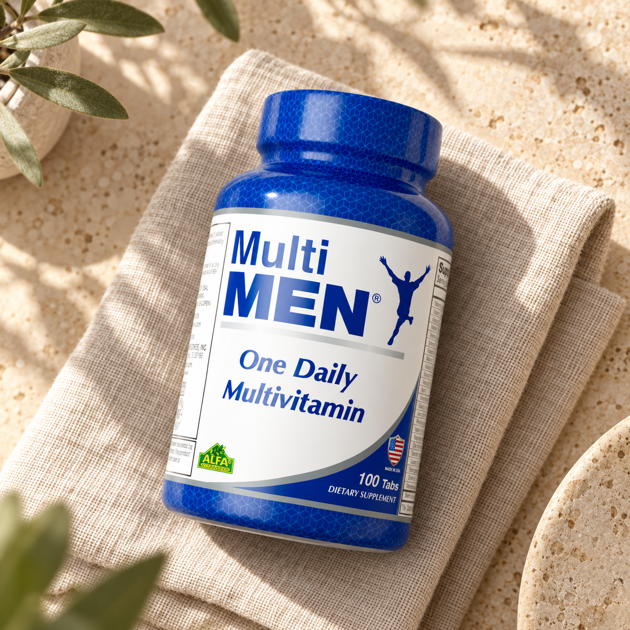 Multi Men - Daily Multivitamins for Men - 100 tablets authentic front packaging and cap detail on warm linen