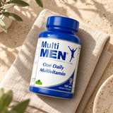 Multi Men - Daily Multivitamins for Men - 100 tablets authentic front packaging and cap detail on warm linen