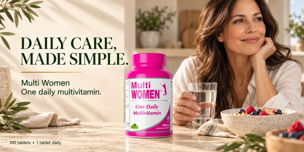 Alfa Multi Women 100-tablet bottle beside a woman enjoying breakfast in warm morning light