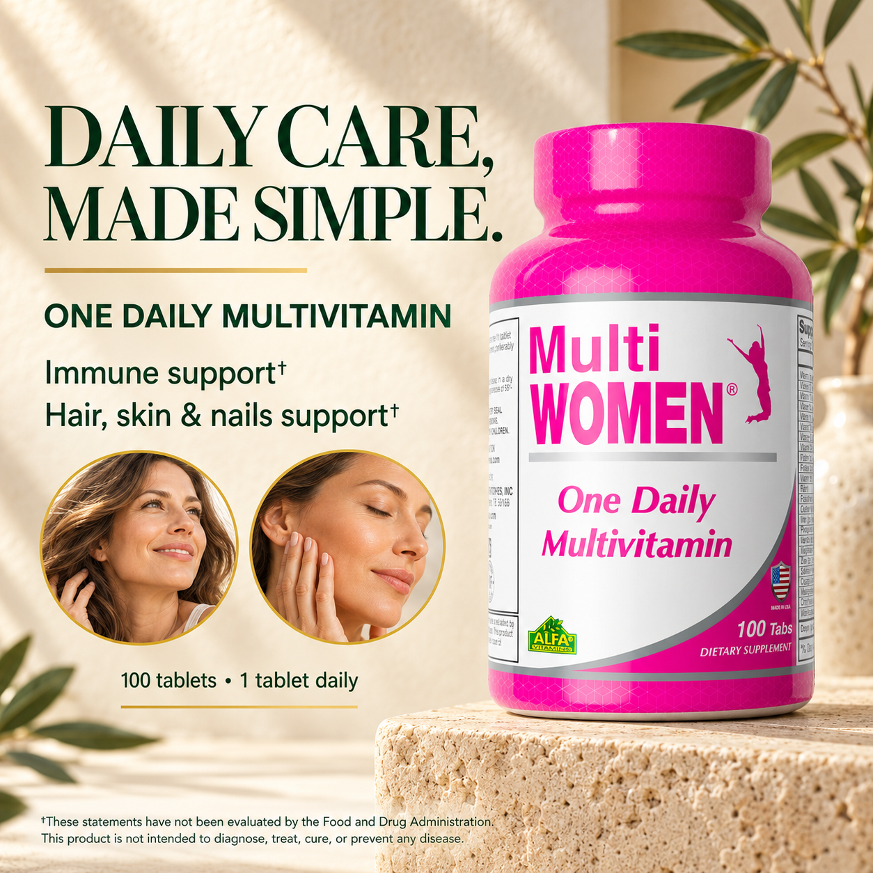 Alfa Multi Women 100-tablet bottle on travertine with immune and hair, skin and nail support information.