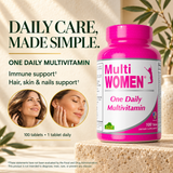 Alfa Multi Women 100-tablet bottle on travertine with immune and hair, skin and nail support information.