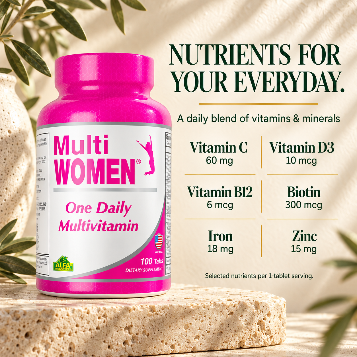 Alfa Multi Women bottle with selected nutrient amounts per one-tablet serving.