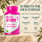 Alfa Multi Women bottle with selected nutrient amounts per one-tablet serving.