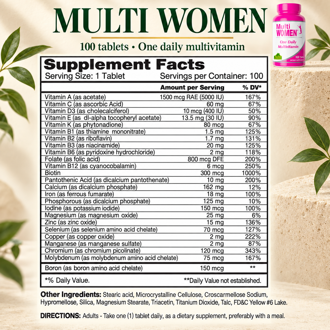 Complete Alfa Multi Women Supplement Facts: all 25 nutrient amounts and Daily Values, other ingredients, one-tablet daily directions and 100 servings.