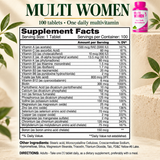 Complete Alfa Multi Women Supplement Facts: all 25 nutrient amounts and Daily Values, other ingredients, one-tablet daily directions and 100 servings.