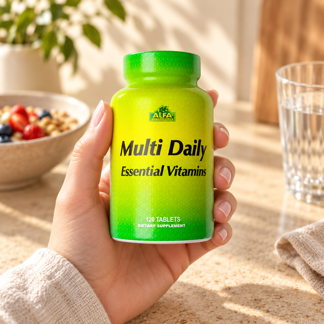 Multi Daily Essential Vitamins closed package held in an adult hand