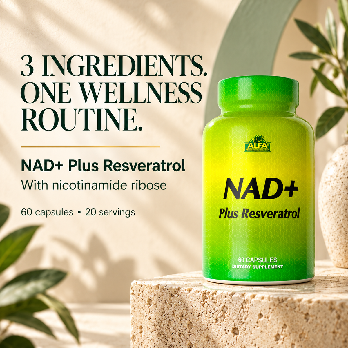 Alfa NAD+ Plus Resveratrol 60 capsules in a cream and green product display
