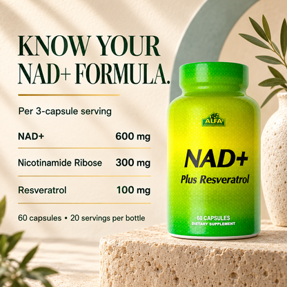 NAD+ 600 mg, nicotinamide ribose 300 mg and resveratrol 100 mg per three-capsule serving