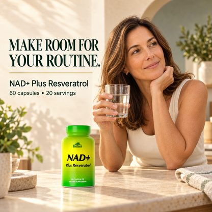 Woman with a glass of water and Alfa NAD+ Plus Resveratrol during her morning routine