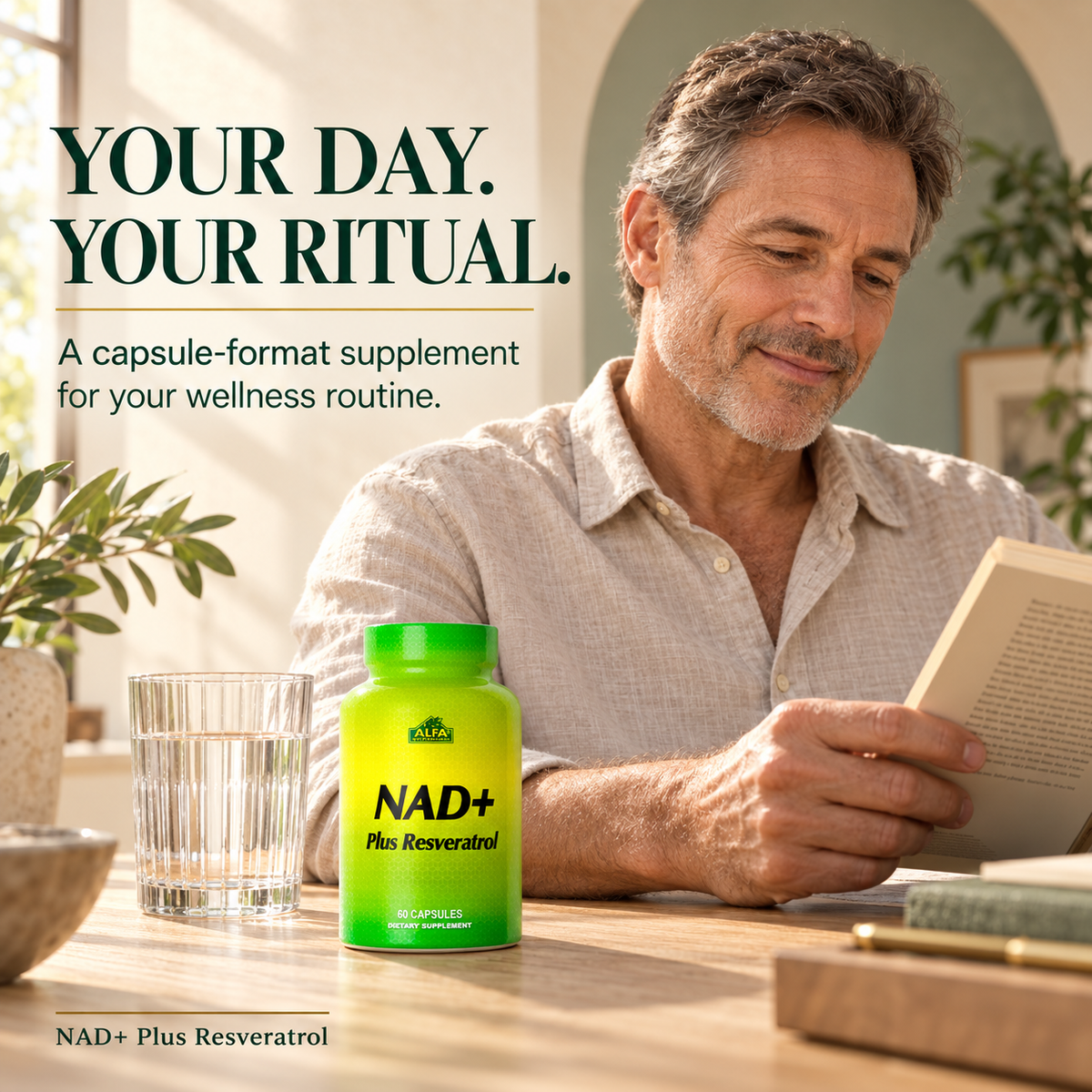 Man reading at home beside Alfa NAD+ Plus Resveratrol and a glass of water