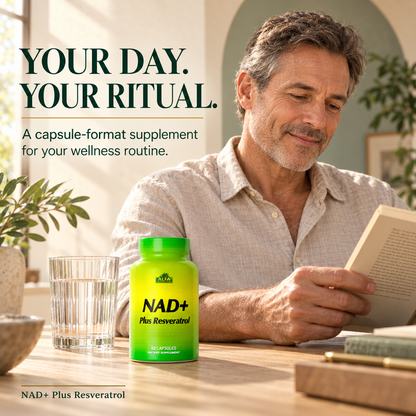 Man reading at home beside Alfa NAD+ Plus Resveratrol and a glass of water