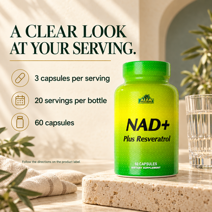 Alfa NAD+ Plus Resveratrol serving guide: three capsules per serving, 20 servings per bottle