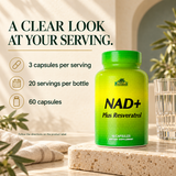 Alfa NAD+ Plus Resveratrol serving guide: three capsules per serving, 20 servings per bottle