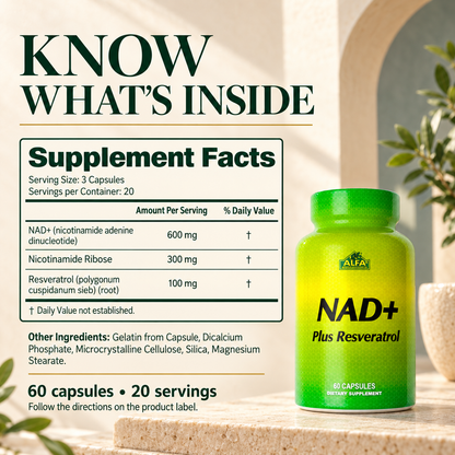 Alfa NAD+ Plus Resveratrol complete Supplement Facts and other ingredients