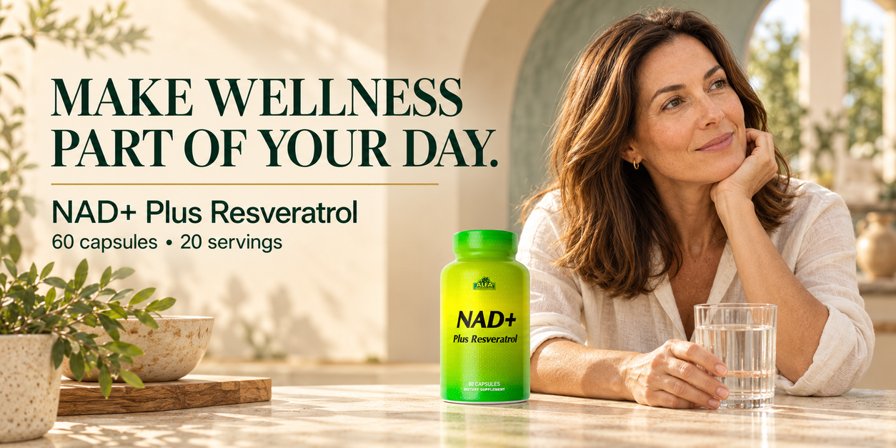Alfa NAD+ Plus Resveratrol with a woman enjoying a quiet morning at home