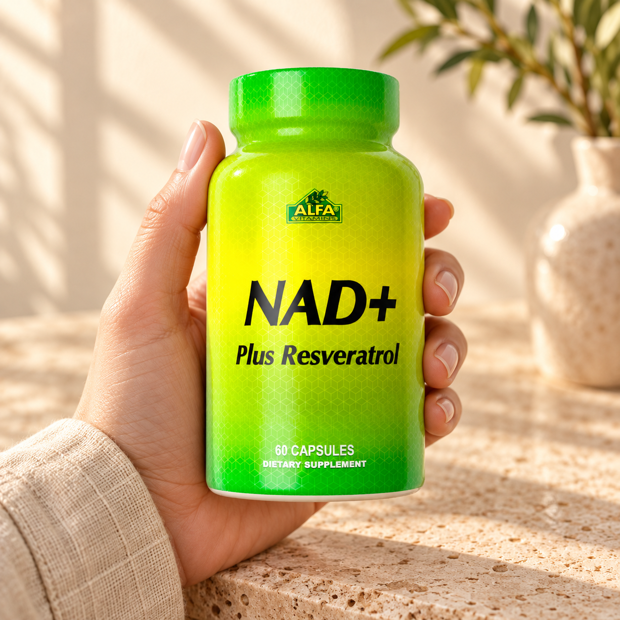 NAD+ Plus Resveratrol closed package held in an adult hand