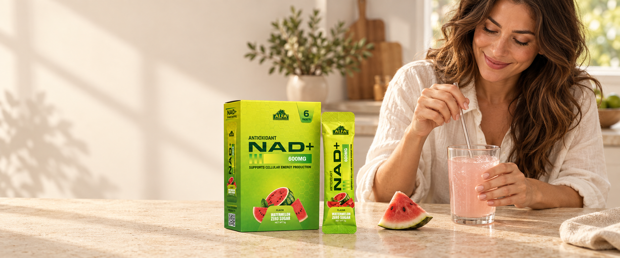 Woman stirring a watermelon drink beside Alfa NAD+ box and sachet