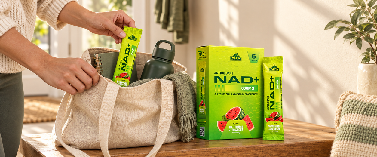 Alfa NAD+ sachet being packed into a canvas bag