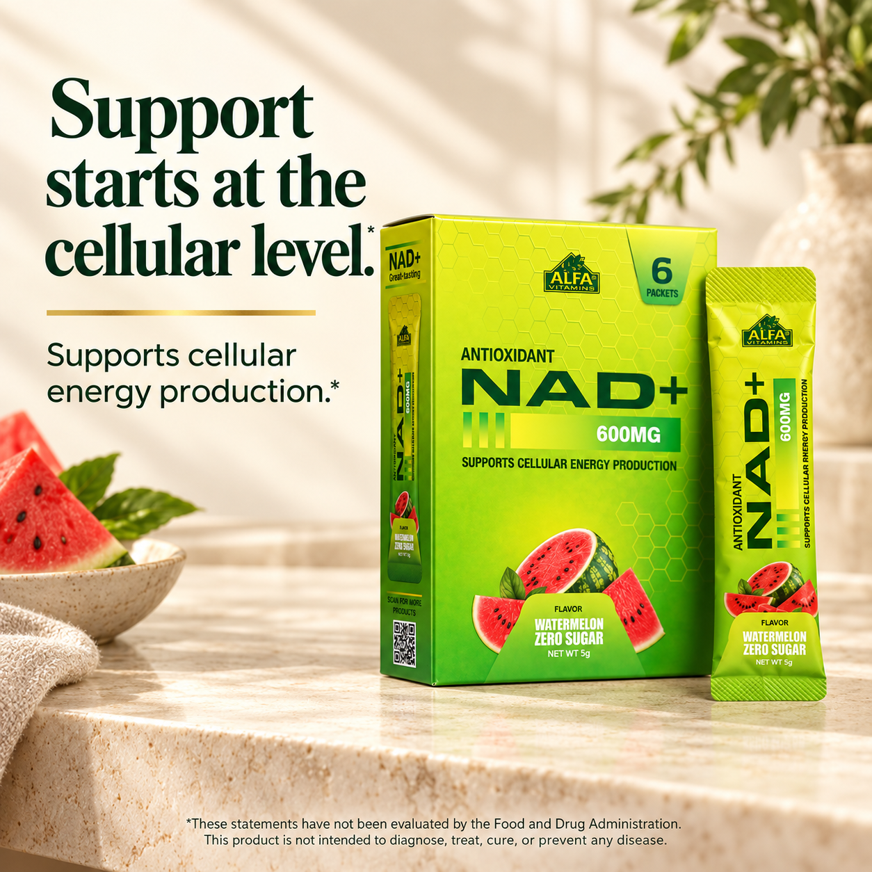 Alfa NAD+ packaging and labeled cellular energy support claim