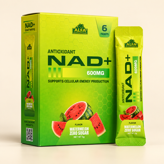 Alfa NAD+ 600 mg watermelon drink mix box and sachet on a clean cream background