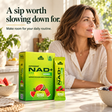 Woman enjoying a watermelon-flavored drink beside Alfa NAD+