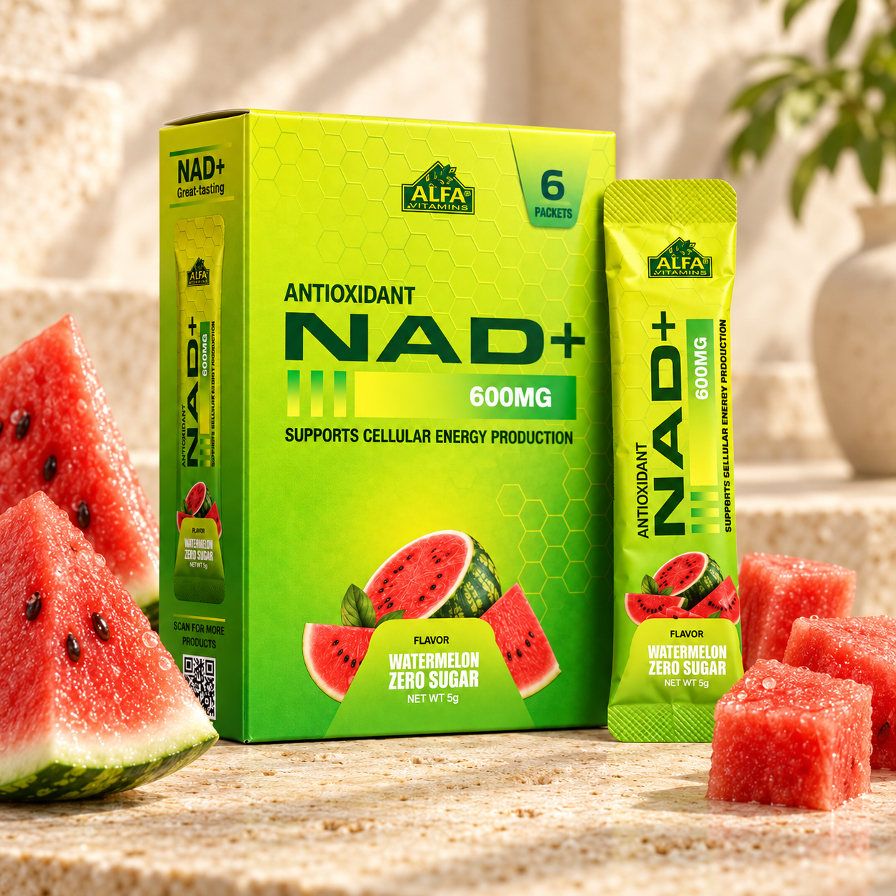 NAD+ 600 mg Watermelon Drink Mix – Zero Sugar, 6 Sachets